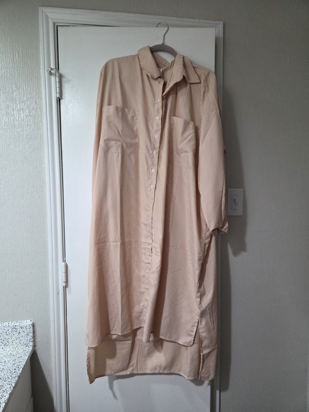 Light Peach Striped Button-Up Shirt Dress